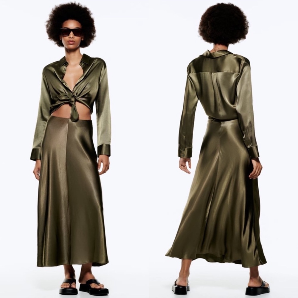 ZARA Midi Long Green Khaki Dress